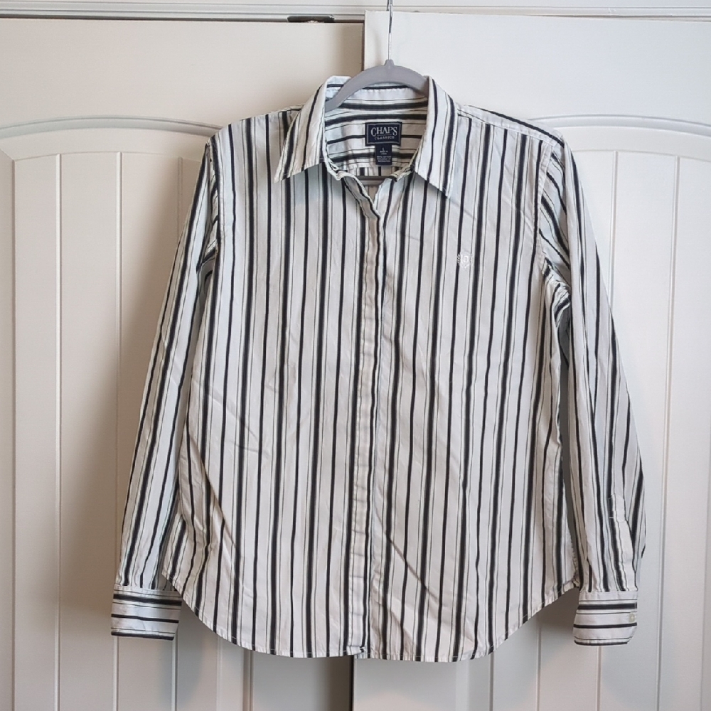 Chaps Women Striped Button Down Shirt - Black and White